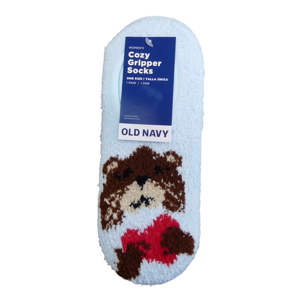 Old Navy Cozy Gripper Socks Women One Size Blue New Bear Heart No Show Slipper